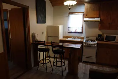 a kitchen with a stove and a refrigerator at Sleepy Hollow Cabins and Hotel in Crestline