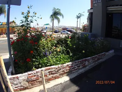 a retaining wall with flowers in front of a building at Corona inn in Corona