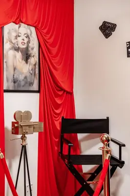 a red curtain and a chair next to a tripod at Style, Peace, Comfort in N Hollywood Next to Burbank Free Indoor Parking and Wifi in Burbank