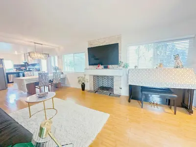 a living room with a fireplace and a couch at Brea Mall romantic two-bedroom house in Fullerton