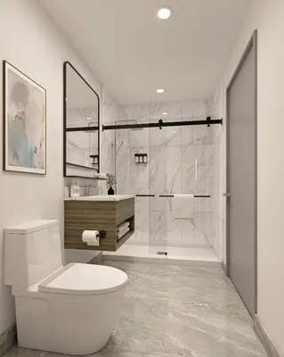 a white bathroom with a toilet and a shower at Kins Hotel in Los Angeles