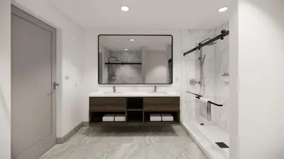 a bathroom with a sink and a mirror at Kins Hotel in Los Angeles
