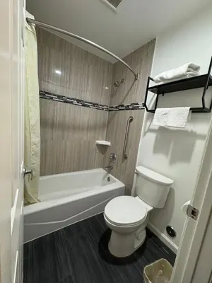 a small bathroom with a toilet and a bath tub at Dutch Motel in Loma Linda