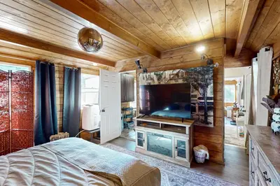 a bedroom with a bed and a tv and a fireplace at Relaxing Retreat with Deck, 1 Mi to Lake Arrowhead! in Cedar Glen
