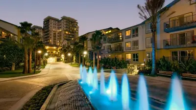 a row of blue water fountains in a street at A Symphony of Blue - Panoramic Ocean Frontage - 3BR Marina Suite in Los Angeles