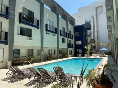 a swimming pool in the middle of a building at Walk to Santa Monica Beach & Pier I Free Parking! in Los Angeles