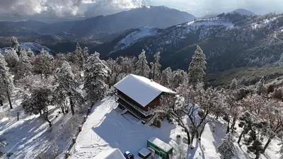 a cabin covered in snow in the mountains at THE Cabin in Running Springs
