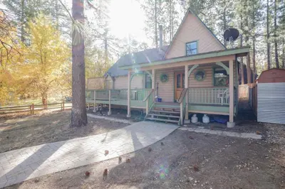 a small house in the woods with a porch at Kelley's Kabin #290 in Big Bear Lake