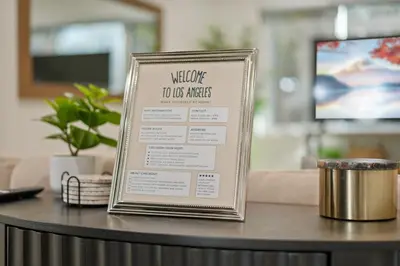 a welcome sign on a table in a living room at NEW Koreatown l Universal Studios in Vernon