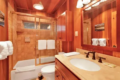 a bathroom with a sink and a toilet and a tub at High-Top Lakeview Chateau Relaxing Modern Fawnskin Retreat in Fawnskin