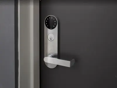 a close up of a door with a door handle at Modern Stay in Arts District LA in Los Angeles