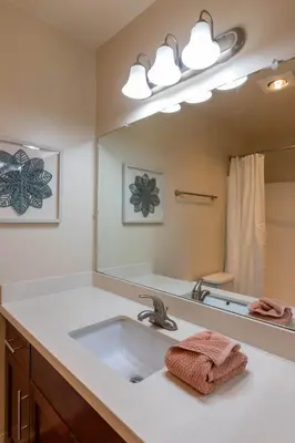a bathroom with a sink and a large mirror at Relaxing space in Palos Verdes in Rancho Palos Verdes