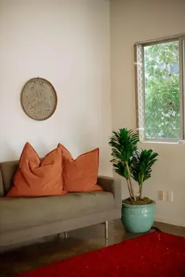 a couch with pillows and a plant in a room at Villa Mountain Getaway with a Pool Hot Tub 5 Beds in Los Angeles