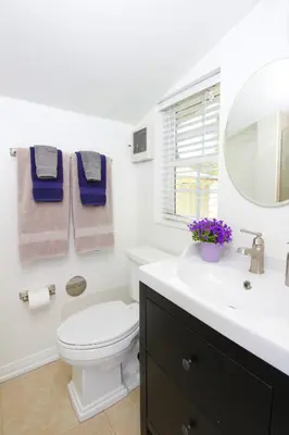 a bathroom with a toilet and a sink and a mirror at In The Village With Private Entrance in Claremont