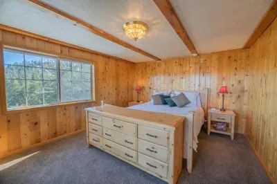 a bedroom with a bed in a room with wooden walls at Valley View Cabin in Big Bear Lake