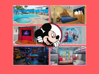 a collage of pictures of a room at Mickeys House by OC Adventure Homes in Anaheim