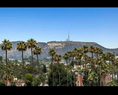 a view of a city with palm trees and a hollywood sign at Hollywood Luxe 2BR Apartment with Rooftop Pool and Breathtaking Views in Los Angeles
