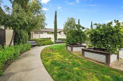 a walkway with benches and trees in a park at Gorgeous Family Home, Close to Frwys, Hospitals & Sports Arenas, Pets OK in Orange