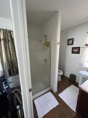 a bathroom with a shower and a toilet at B and G Studio Space Guesthouse in San Bernardino