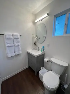 a bathroom with a toilet and a sink and a mirror at Mini-Home in Whittier in Whittier