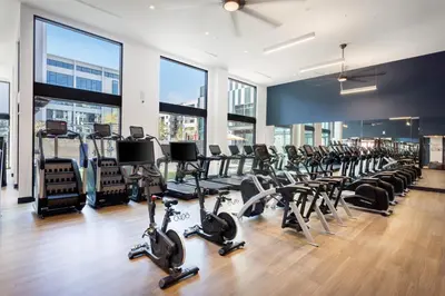 a gym with rows of exercise bikes and treadmills at Heart of North Hollywood 2 bed Apt FREE parking, hot tub, pool, gym in Garnsey