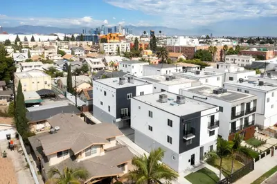 an aerial view of a city with white buildings at Forty First Place - Boutique Hostel in Los Angeles