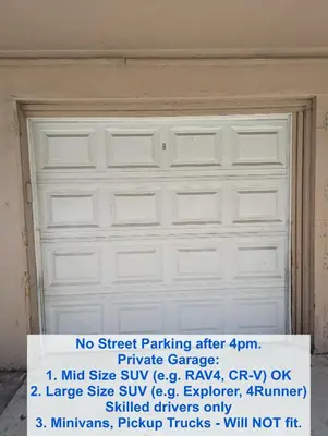a garage door with a sign in front of it at Boho 1-Bedroom BEACH Condo with Mid Size Parking, AC & Laundry - Walk 10min to BEACH! in Long Beach