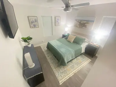 an overhead view of a bedroom with a bed and a fan at BonVoyage-Sleep&Sail Overnight Stays-Sleeps 6-8 in Long Beach