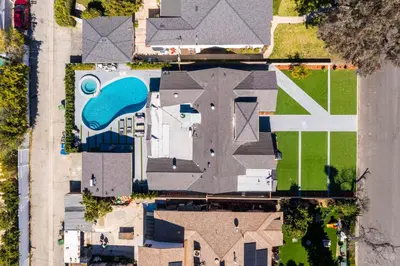 an overhead view of a house with a swimming pool at Tulum Style in Sherman Oaks in Garnsey