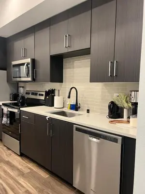 a kitchen with black cabinets and a stainless steel dishwasher at The sunset loft apartment FREE parking in Los Angeles