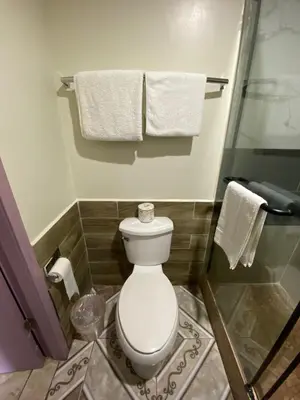 a bathroom with a white toilet and towels at Dream Inn in Inglewood