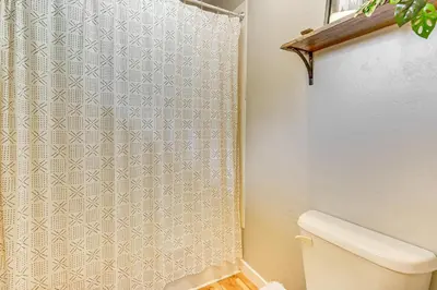 a bathroom with a shower curtain and a toilet at 2 Mi to Lake Arrowhead Treetop Retreat with Deck in Lake Arrowhead