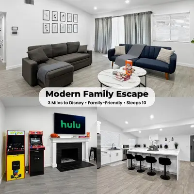 two pictures of a living room with a couch and a table at Modern Home for Large Families by Disney & Knotts in Anaheim