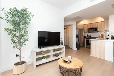 a living room with a tv and a tree in it at Walk to Santa Monica Beach, Pier, Boardwalk and Venice in Los Angeles