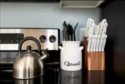 a kitchen counter with a tea kettle and utensils at Hosp Walk to Santa Monica Beach Pier in Los Angeles