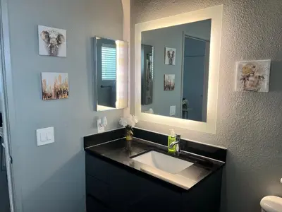 a bathroom with a sink and a mirror at The NoHo Artist Nook in Burbank