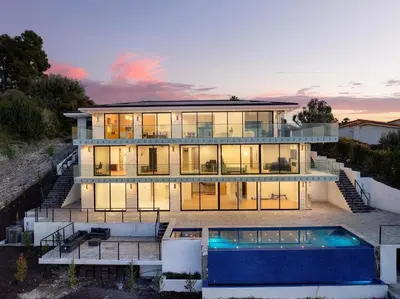 an aerial view of a house with a swimming pool at Ocean Vista in Palos Verdes Estates