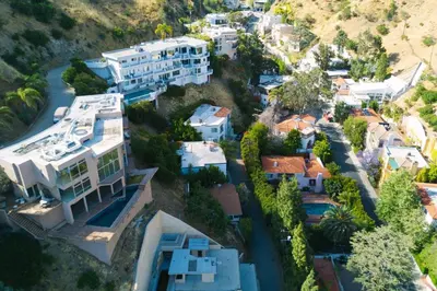 an aerial view of a house on a hill at Claudia's Guest House in Los Angeles