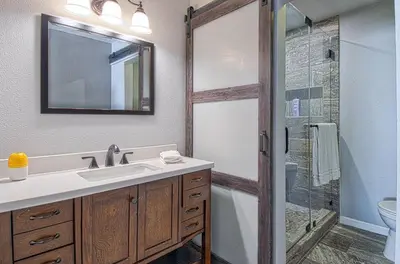 a bathroom with a sink and a shower at F-58 Mandos Hideaway in Anaheim