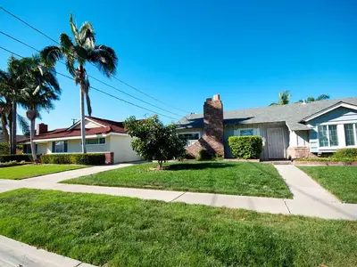 a house with a palm tree and a sidewalk at F-34 Minnies House in Anaheim