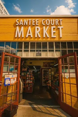 a santee court market sign on the front of a store at Loft in Downtown Los Angeles in Los Angeles