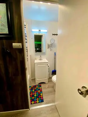 a bathroom with a toilet and a ball rug at Fully Refurbished Container in Devore Heights, California, for Glamping Trips on Route 66 in Devore Heights