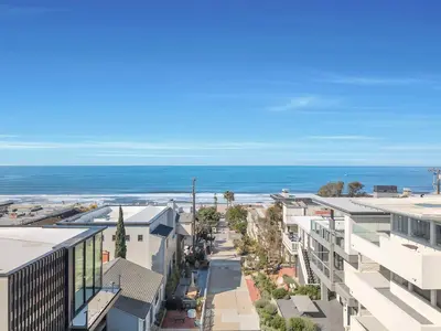 an aerial view of a street with buildings and the ocean at Manhattan Beach Guest Suite in Manhattan Beach