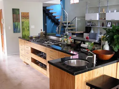 a kitchen with a sink and a counter top at Venice Canals Contemporary, unique wildlife, amazing reviews in Los Angeles