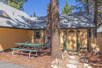 a tiny house with a picnic table next to a tree at Big Bear Lakefront Lodge in Big Bear Lake