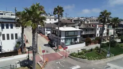 an aerial view of a city with houses and palm trees at Manhattan Beach Beachfront Charming On The Strand in Manhattan Beach