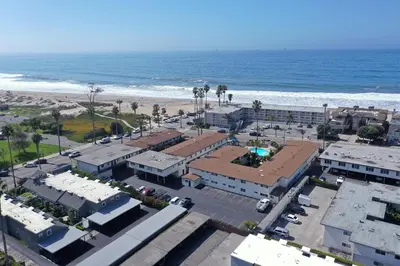 an aerial view of a city and the beach at Lovely 1 Bed Beach Condo #128 in Carpinteria