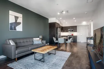 a living room with a couch and a table at Culver City 1BR w Pool Gym WD nr Downtown LAX-173 in Los Angeles