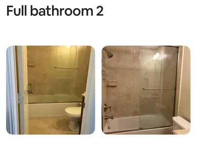 a bathroom with a shower with a toilet and a sink at 2 bed 2 bath East Village condo with two parking spots and 3 blocks to Ocean in Long Beach