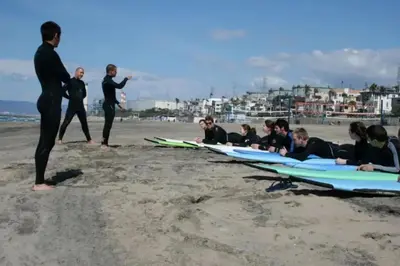 a group of surfers on the beach with their boards at Chic Beach Bungalow 3 Blocks from the Sand in Manhattan Beach